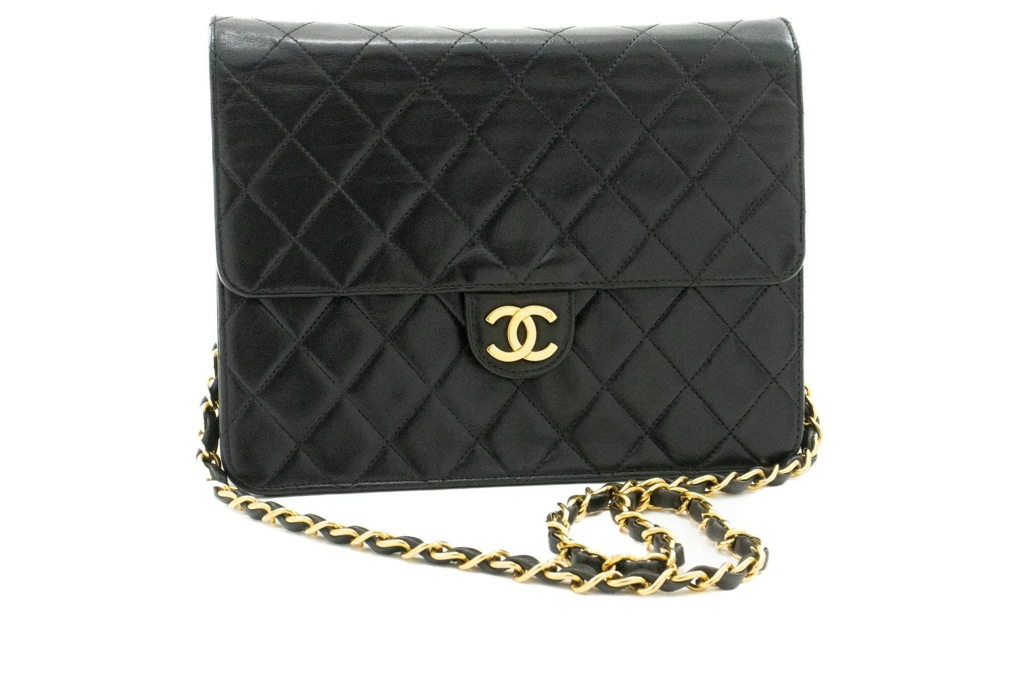 CHANEL Small Chain Shoulder Bag Clutch Black Quilted Flap Lambskin