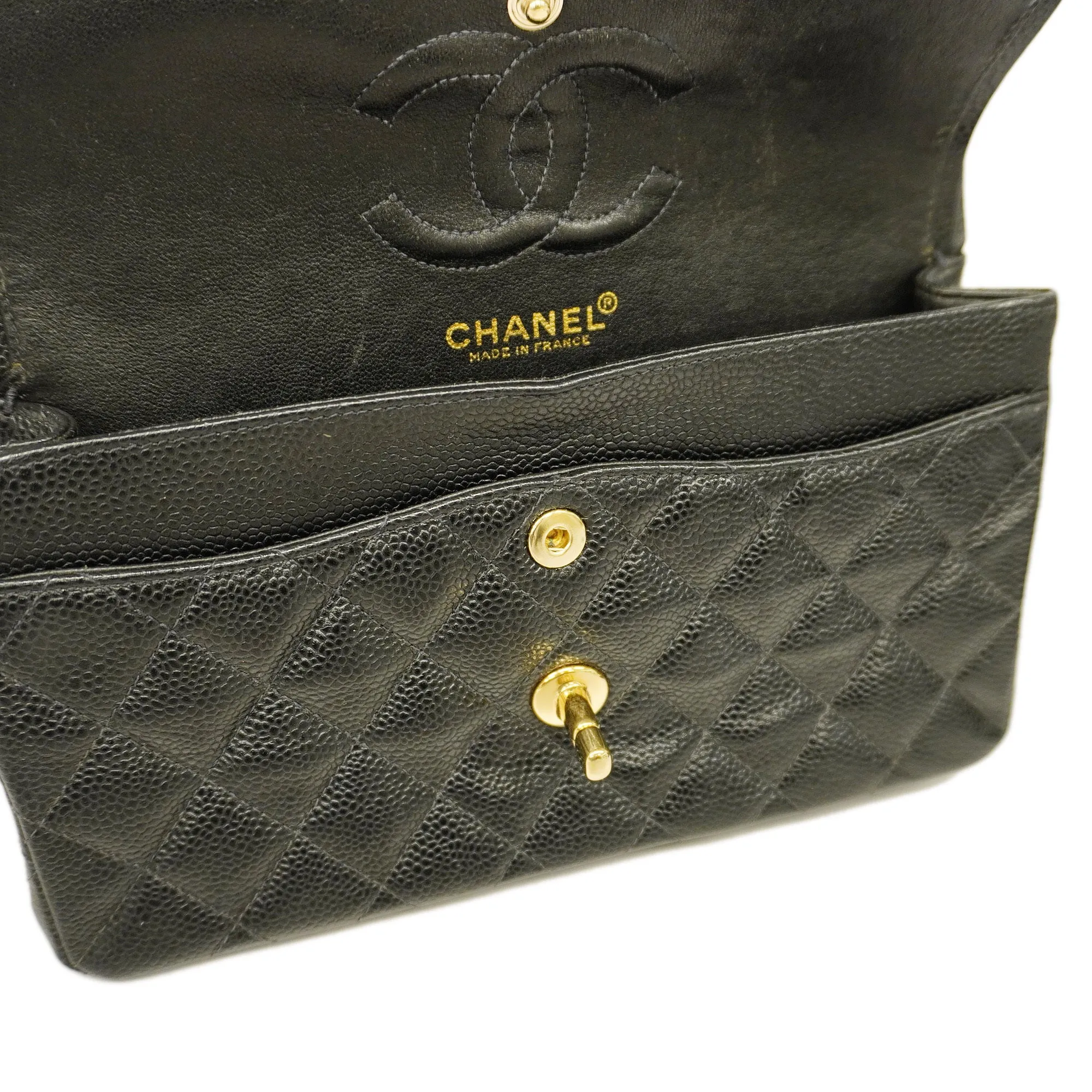 ChanelAuth  Big Matelasse W Flap W Chain Women's Caviar Leather Shoulder Bag