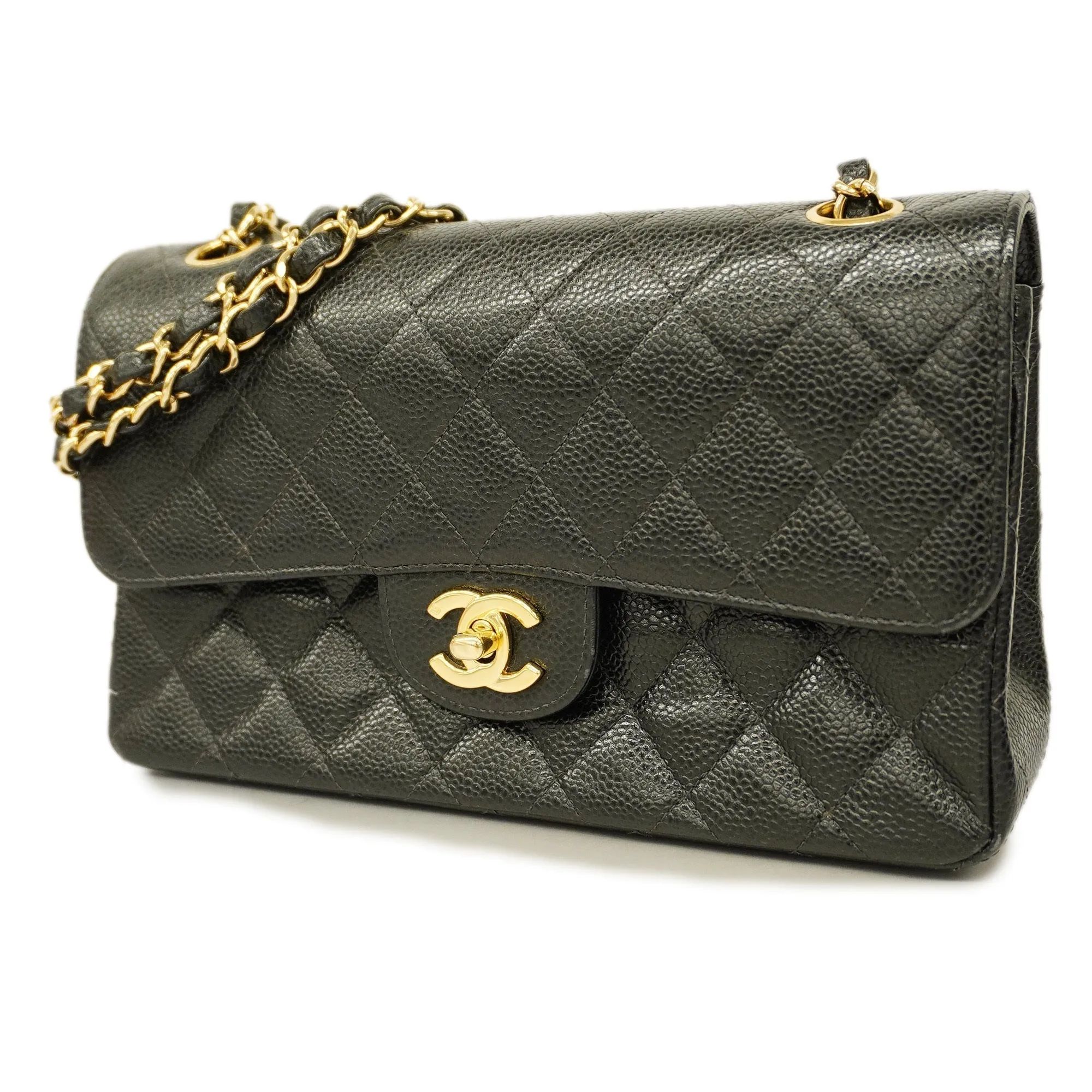ChanelAuth  Big Matelasse W Flap W Chain Women's Caviar Leather Shoulder Bag