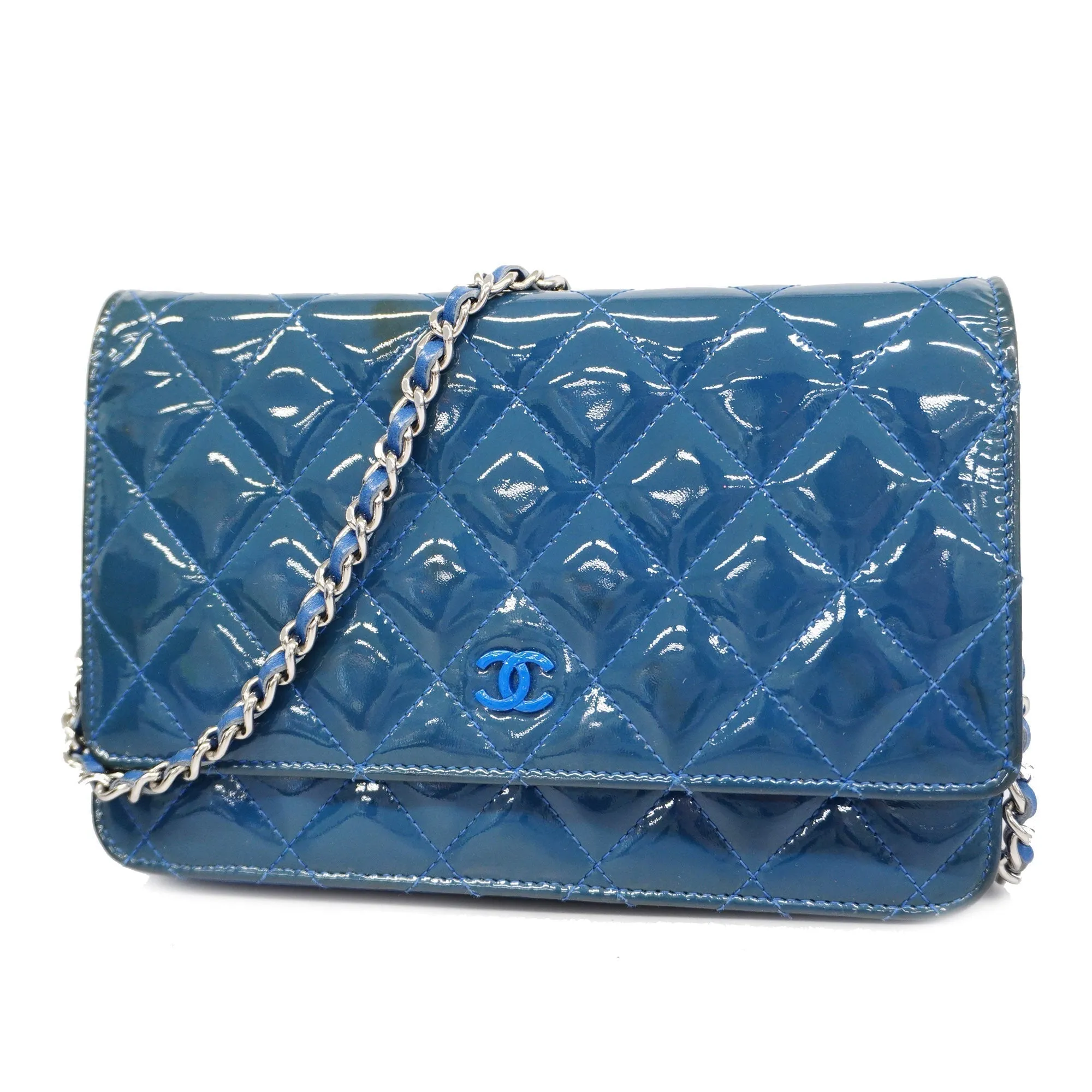 ChanelAuth  Matelasse Chain Shoulder Silver Metal Fittings Women's Wallet Blue