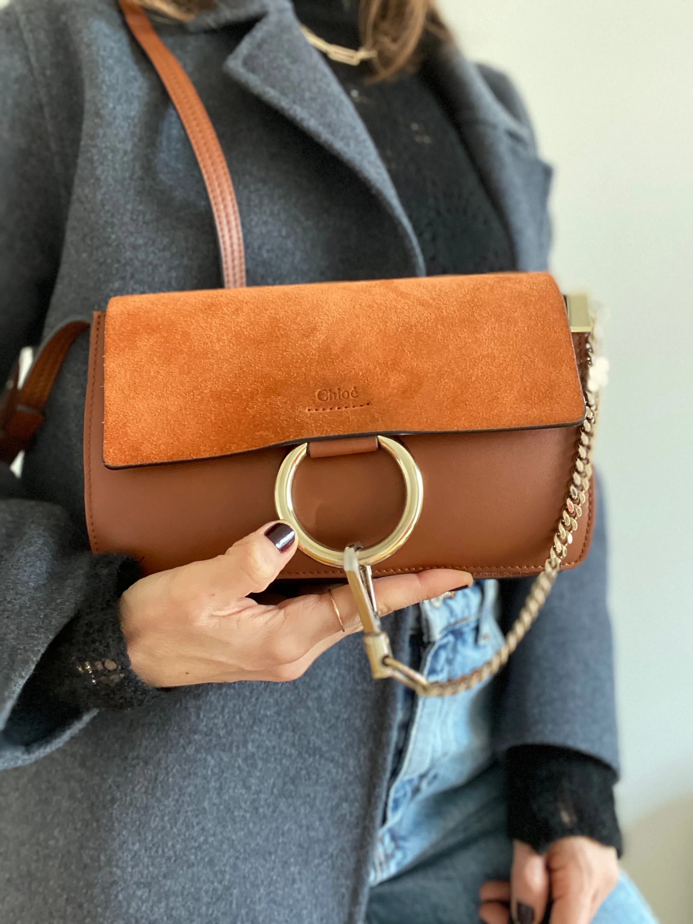 Chlo?? Faye small leather and suede shoulder bag in Tan
