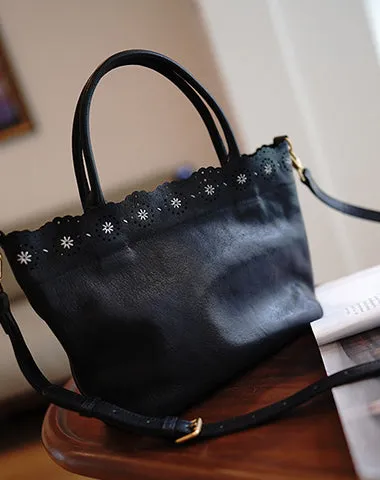 Classic Brown Leather Hollowed Out Flowers Handbag Women Flowers Shoulder Bag for Women