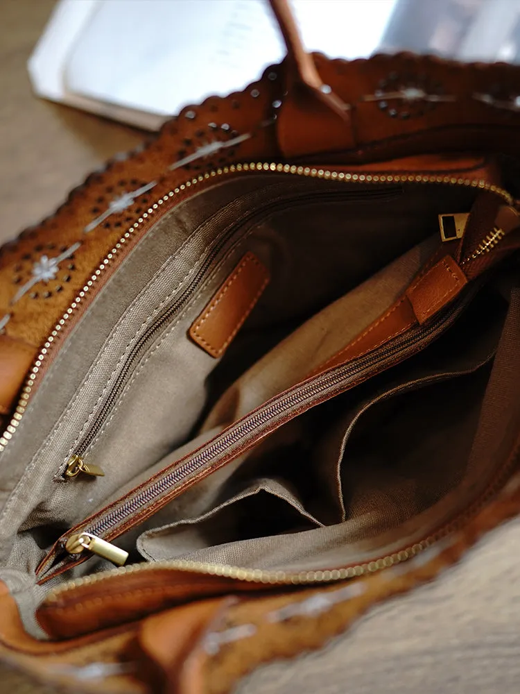 Classic Brown Leather Hollowed Out Flowers Handbag Women Flowers Shoulder Bag for Women