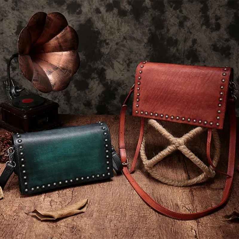 Coffee Womens Vintage Leather Shoulder Purse Green Studded Small Red Side Bag Purse for Ladies
