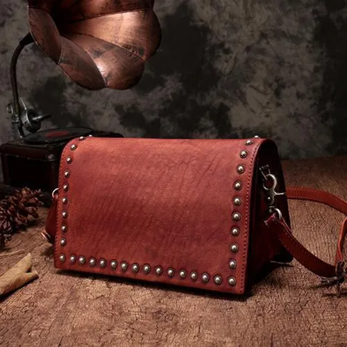 Coffee Womens Vintage Leather Shoulder Purse Green Studded Small Red Side Bag Purse for Ladies
