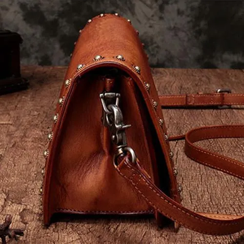 Coffee Womens Vintage Leather Shoulder Purse Green Studded Small Red Side Bag Purse for Ladies
