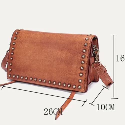 Coffee Womens Vintage Leather Shoulder Purse Green Studded Small Red Side Bag Purse for Ladies
