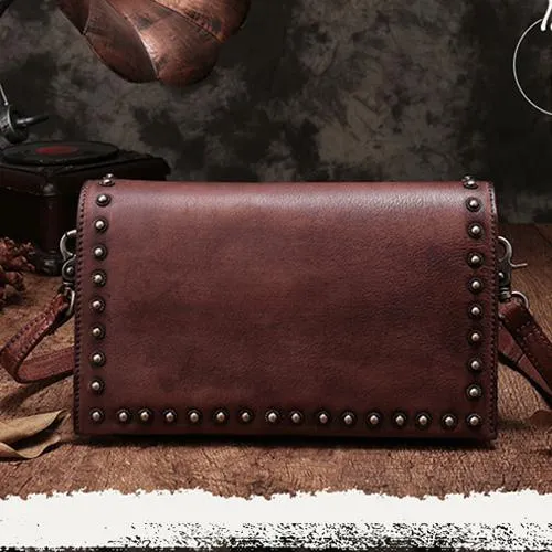 Coffee Womens Vintage Leather Shoulder Purse Green Studded Small Red Side Bag Purse for Ladies
