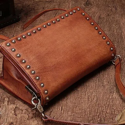 Coffee Womens Vintage Leather Shoulder Purse Green Studded Small Red Side Bag Purse for Ladies
