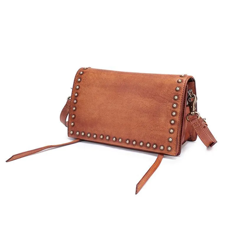 Coffee Womens Vintage Leather Shoulder Purse Green Studded Small Red Side Bag Purse for Ladies