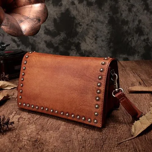 Coffee Womens Vintage Leather Shoulder Purse Green Studded Small Red Side Bag Purse for Ladies