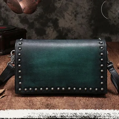 Coffee Womens Vintage Leather Shoulder Purse Green Studded Small Red Side Bag Purse for Ladies