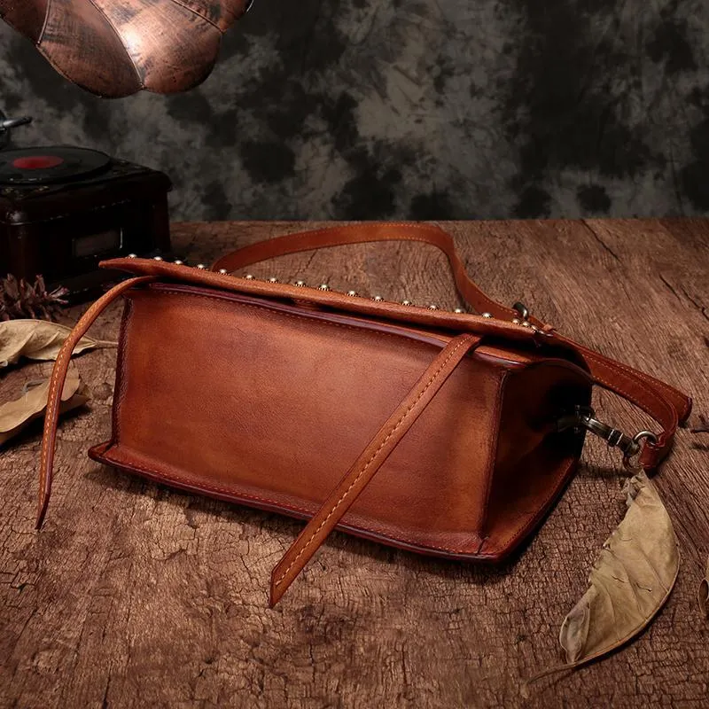 Coffee Womens Vintage Leather Shoulder Purse Green Studded Small Red Side Bag Purse for Ladies