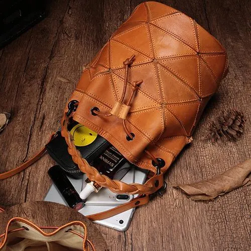 Cute Green Leather Womens Bucket Shoulder Bag Brown Handbag Barrel Bag for Ladies