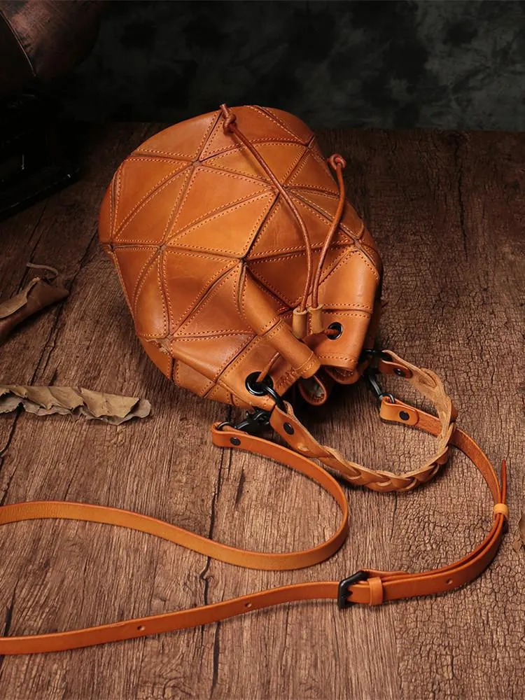 Cute Green Leather Womens Bucket Shoulder Bag Brown Handbag Barrel Bag for Ladies