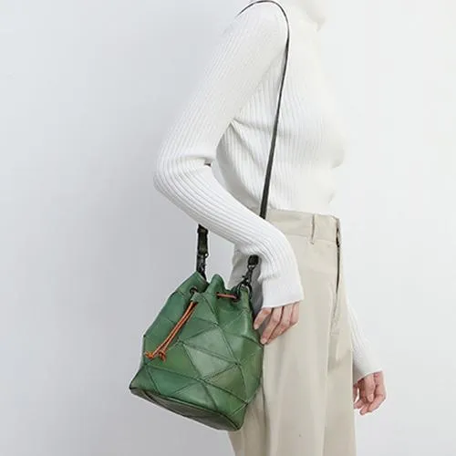 Cute Green Leather Womens Bucket Shoulder Bag Brown Handbag Barrel Bag for Ladies