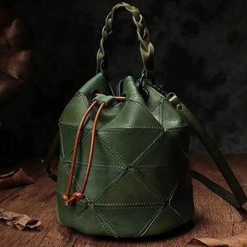 Cute Green Leather Womens Bucket Shoulder Bag Brown Handbag Barrel Bag for Ladies