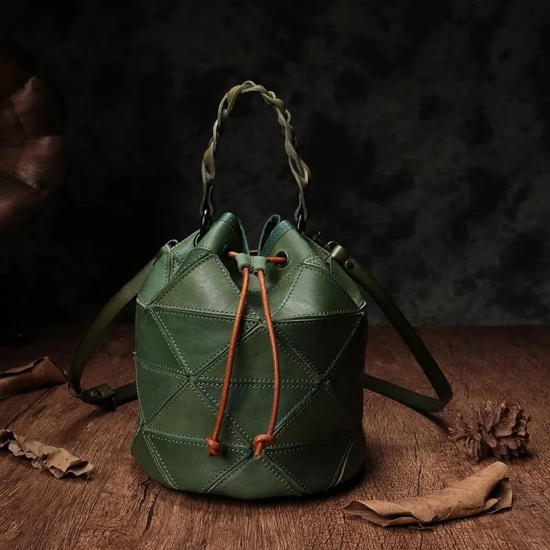 Cute Green Leather Womens Bucket Shoulder Bag Brown Handbag Barrel Bag for Ladies