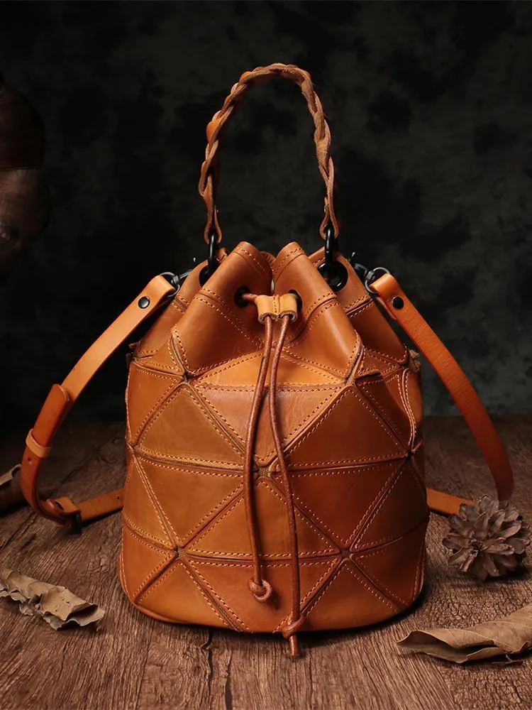 Cute Green Leather Womens Bucket Shoulder Bag Brown Handbag Barrel Bag for Ladies