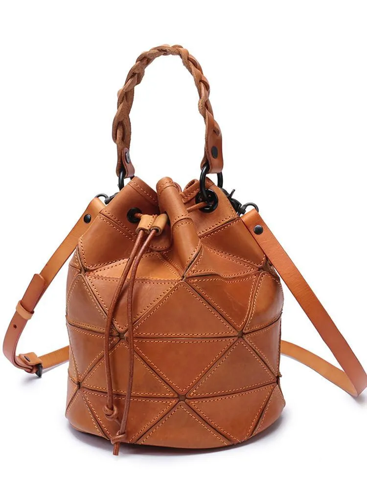 Cute Green Leather Womens Bucket Shoulder Bag Brown Handbag Barrel Bag for Ladies