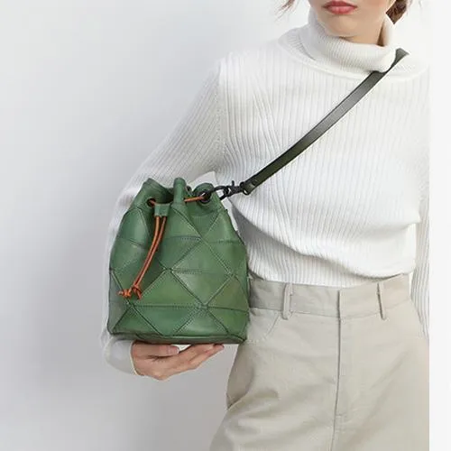 Cute Green Leather Womens Bucket Shoulder Bag Brown Handbag Barrel Bag for Ladies