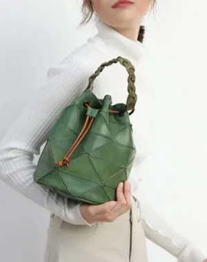 Cute Green Leather Womens Bucket Shoulder Bag Brown Handbag Barrel Bag for Ladies