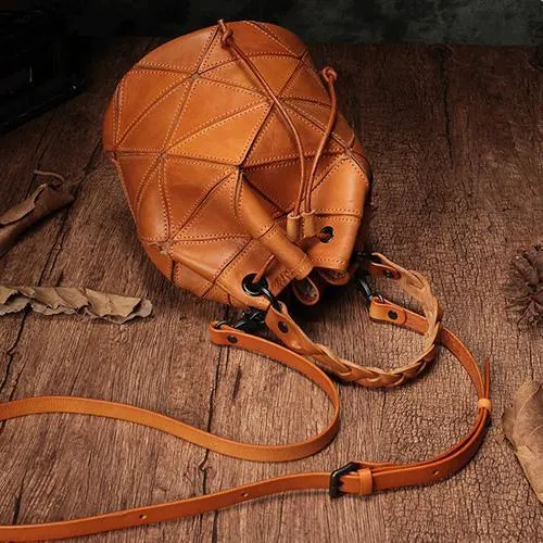Cute Green Leather Womens Bucket Shoulder Bag Brown Handbag Barrel Bag for Ladies