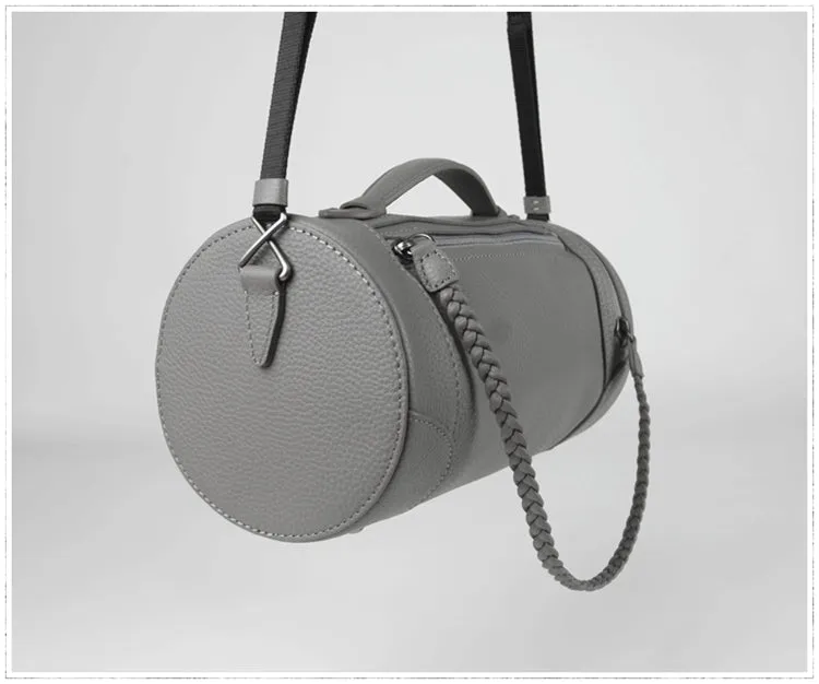 Cute Womens Light Gray Leather Bucket Shoulder Purse Barrel Crossbody Bag Purse for Ladies