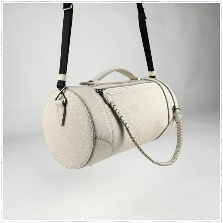 Cute Womens Light Gray Leather Bucket Shoulder Purse Barrel Crossbody Bag Purse for Ladies