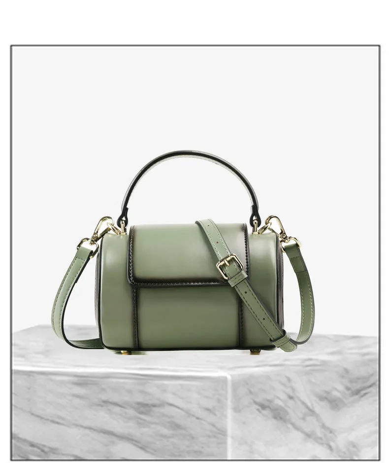 Cute Womens Light Green Leather Barrel Crossbody Purse Round Bucket Handbag Green Shoulder Bag for Women