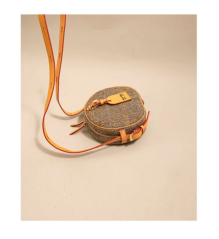 Cute Womens Small Gray Leather Tweed Round Crossbody Purse Handmade Round Shoulder Bag for Women