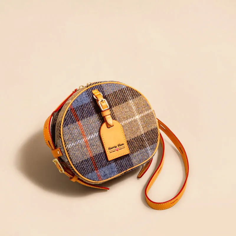 Cute Womens Small Gray Leather Tweed Round Crossbody Purse Handmade Round Shoulder Bag for Women