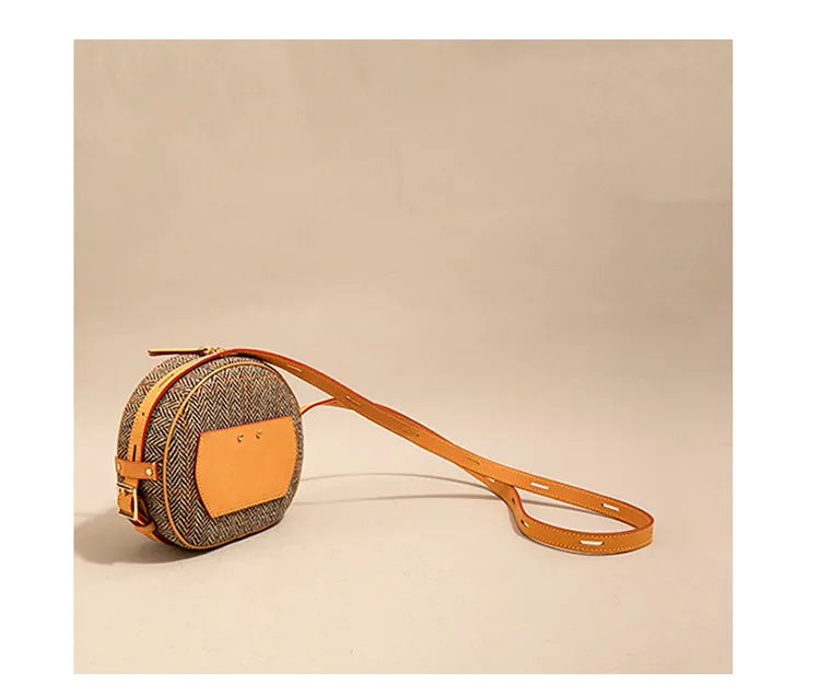 Cute Womens Small Gray Leather Tweed Round Crossbody Purse Handmade Round Shoulder Bag for Women