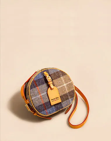 Cute Womens Small Gray Leather Tweed Round Crossbody Purse Handmade Round Shoulder Bag for Women