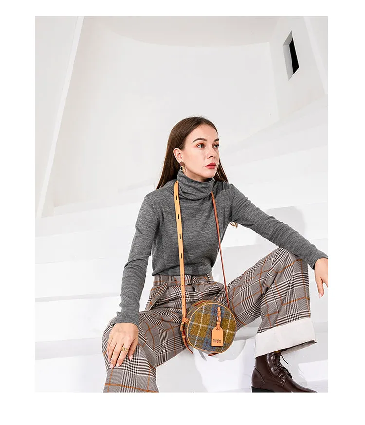 Cute Womens Small Gray Leather Tweed Round Crossbody Purse Handmade Round Shoulder Bag for Women