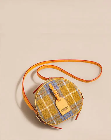 Cute Womens Small Gray Leather Tweed Round Crossbody Purse Handmade Round Shoulder Bag for Women