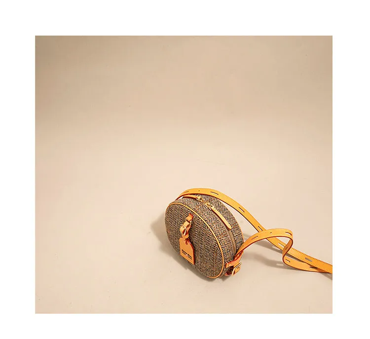 Cute Womens Small Gray Leather Tweed Round Crossbody Purse Handmade Round Shoulder Bag for Women