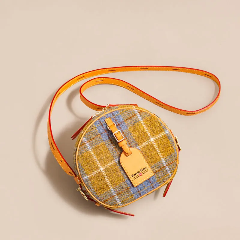 Cute Womens Small Gray Leather Tweed Round Crossbody Purse Handmade Round Shoulder Bag for Women