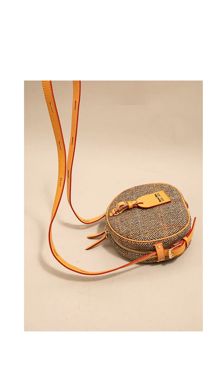 Cute Womens Small Gray Leather Tweed Round Crossbody Purse Handmade Round Shoulder Bag for Women