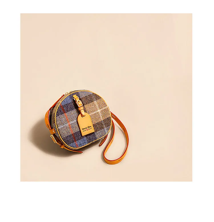 Cute Womens Small Gray Leather Tweed Round Crossbody Purse Handmade Round Shoulder Bag for Women
