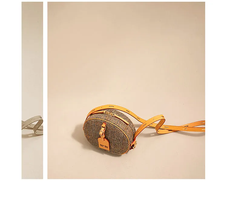 Cute Womens Small Gray Leather Tweed Round Crossbody Purse Handmade Round Shoulder Bag for Women