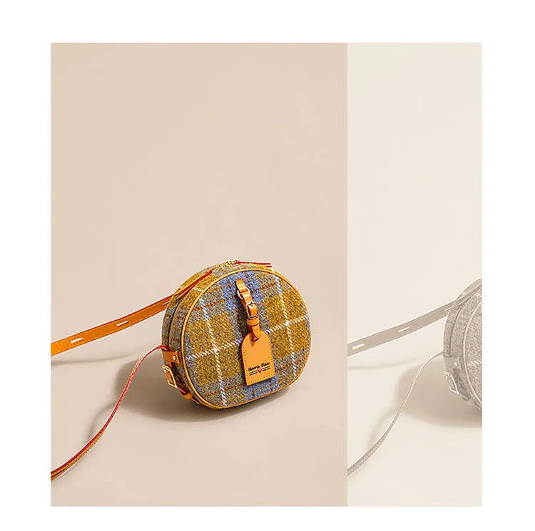 Cute Womens Small Gray Leather Tweed Round Crossbody Purse Handmade Round Shoulder Bag for Women