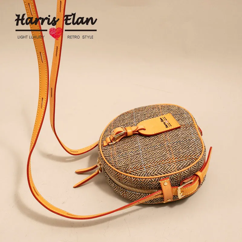 Cute Womens Small Gray Leather Tweed Round Crossbody Purse Handmade Round Shoulder Bag for Women