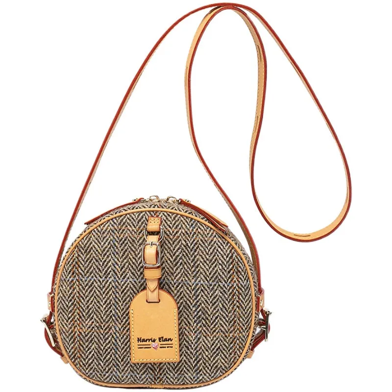 Cute Womens Small Gray Leather Tweed Round Crossbody Purse Handmade Round Shoulder Bag for Women