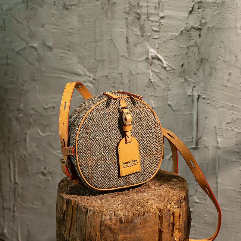 Cute Womens Small Gray Leather Tweed Round Crossbody Purse Handmade Round Shoulder Bag for Women