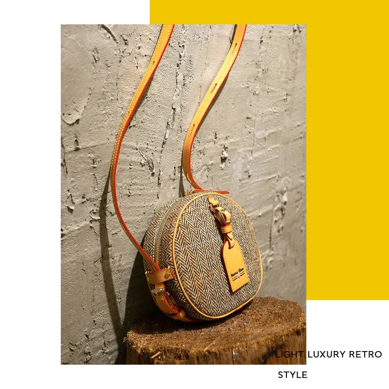 Cute Womens Small Gray Leather Tweed Round Crossbody Purse Handmade Round Shoulder Bag for Women