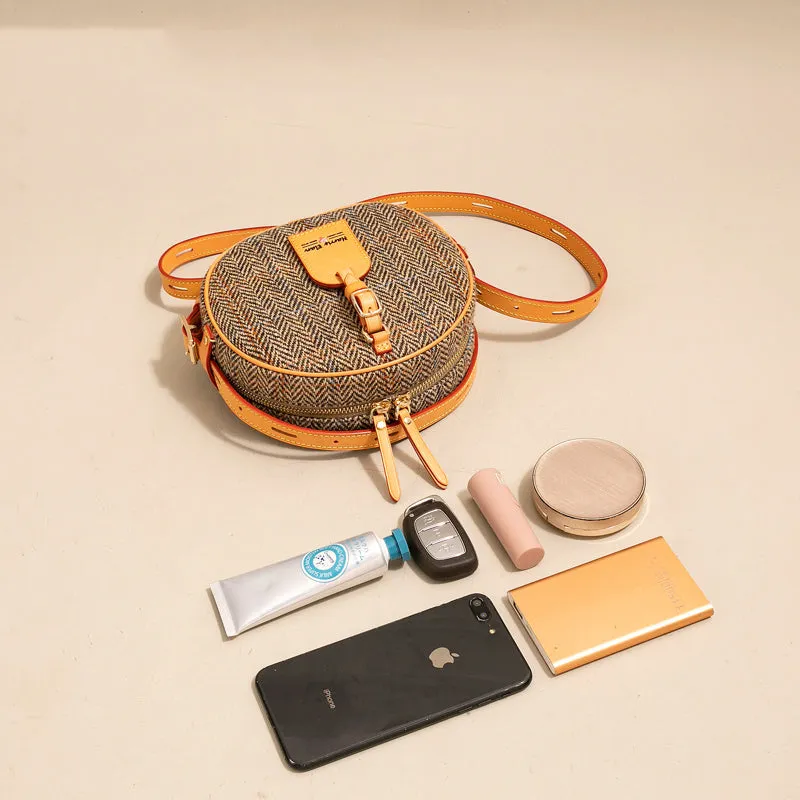 Cute Womens Small Gray Leather Tweed Round Crossbody Purse Handmade Round Shoulder Bag for Women