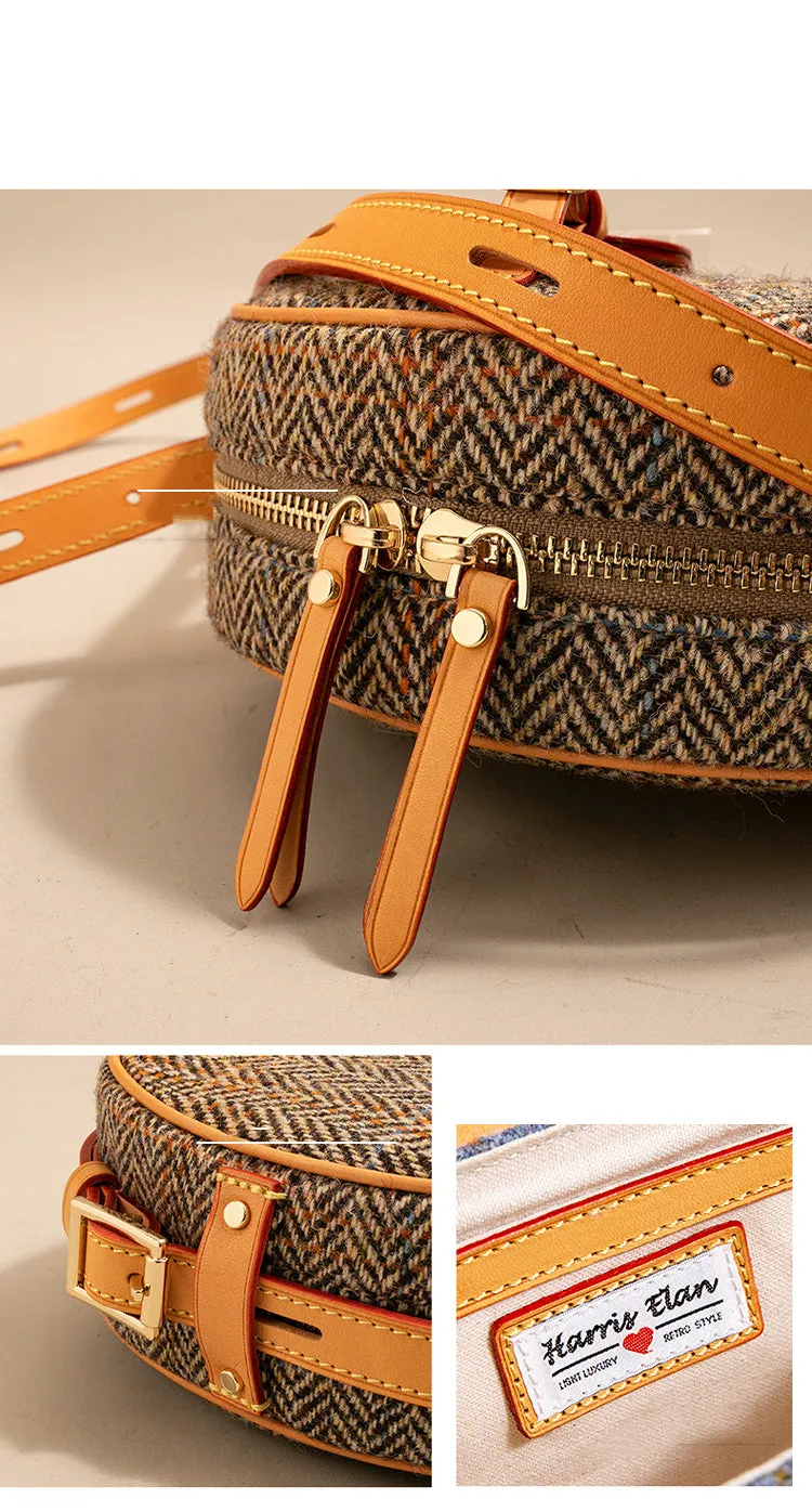 Cute Womens Small Gray Leather Tweed Round Crossbody Purse Handmade Round Shoulder Bag for Women