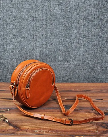 Cute Womens Small Red Leather Round Crossbody Purse Vintage Round Red Shoulder Bag for Women