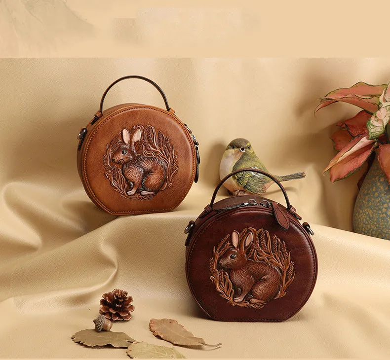 Cutest Womens Brown Leather Round Handbag Bunny Crossbody Purse Vintage Round Shoulder Bags for Women